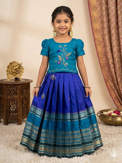 Evanik Blue Kids Silk Zari Weaving Work Lehenga Choli