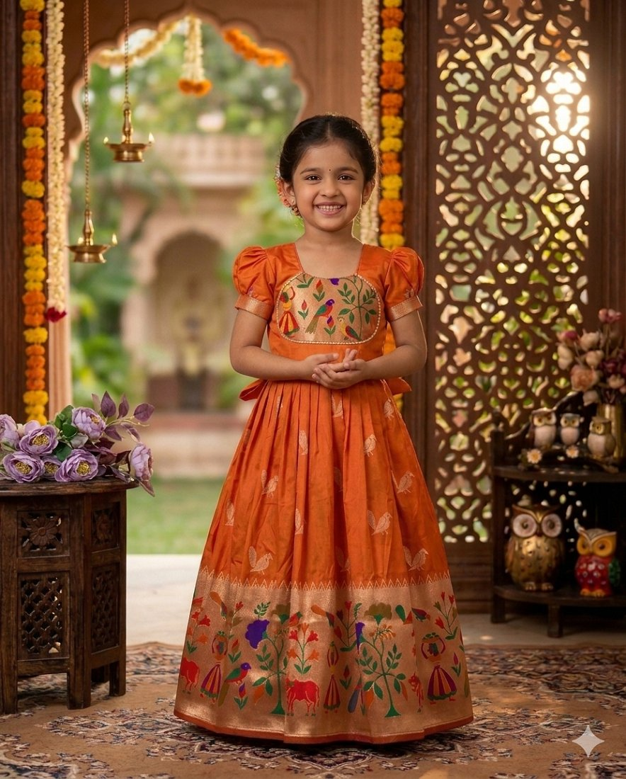 Evanik Orange Soft Paithani Silk Zari Weaving Birds Pattern Kids Gown