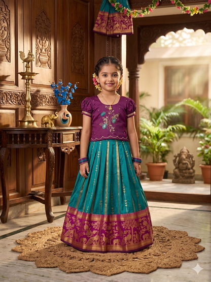 Evanik Teal Purple Pure Silk Zari With Heavy Maggam Work Lehenga Choli for Kids