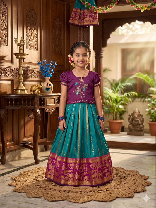 Evanik Teal Purple Pure Silk Zari With Heavy Maggam Work Lehenga Choli for Kids