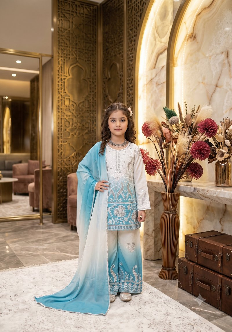 Evanik Sky Blue Designer Party Wear Heavy Natural Crepe Kids Top Palazzo & Dupatta Set
