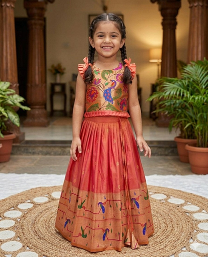 Evanik Designer Coral Pink Soft Silk Paithani Design Lehenga Choli For Girls-Party & Ethnic Wear