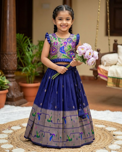 Evanik Designer Navyblue Soft Silk Paithani Design Lehenga Choli For Girls-Party & Ethnic Wear