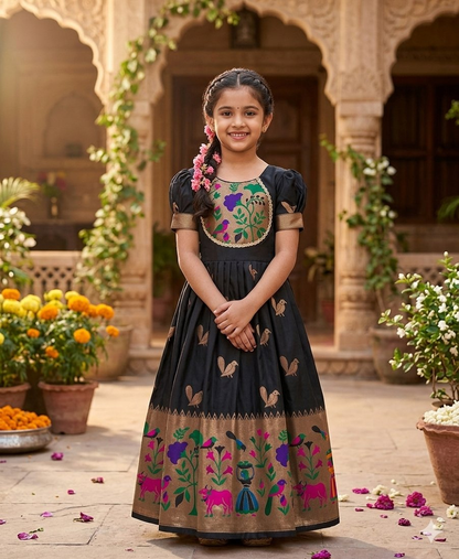 Evanik Black Soft Paithani Silk Zari Weaving Birds Pattern Kids Gown