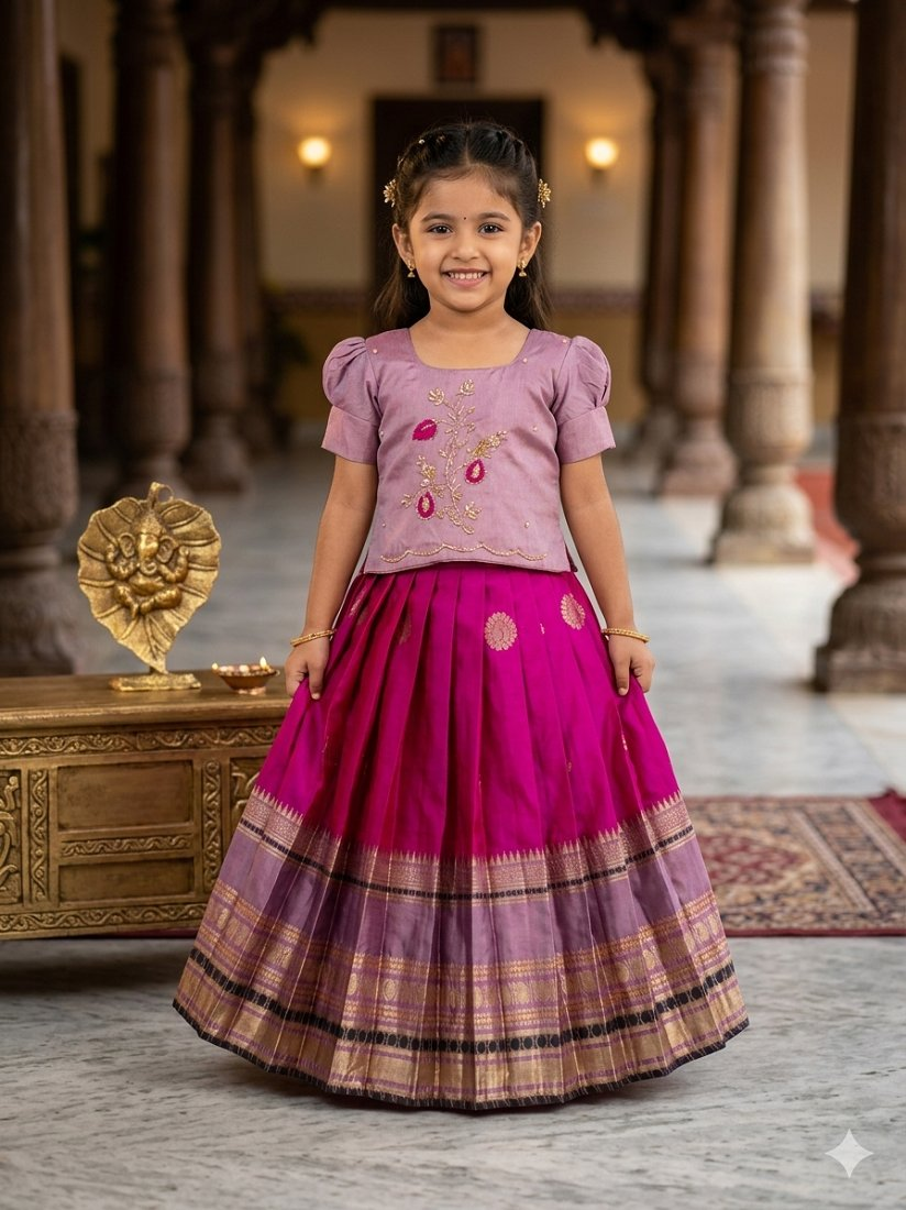 Evanik Purple Kids Silk Zari Weaving Work Lehenga Choli