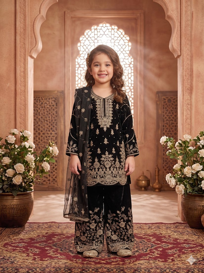 Evanik Black Designer Wedding Embroidered Work Kids Palazzo Set
