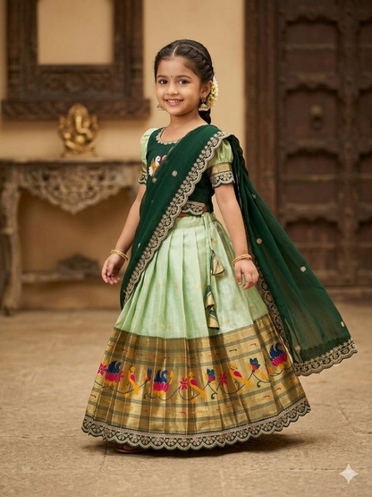 Evanik Green Kids Paithani Simmer Silk Zari Weaving Pavadai Lehenga Choli Set