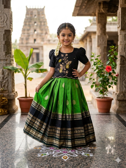 Evanik Black Kids Silk Zari Weaving Work Lehenga Choli