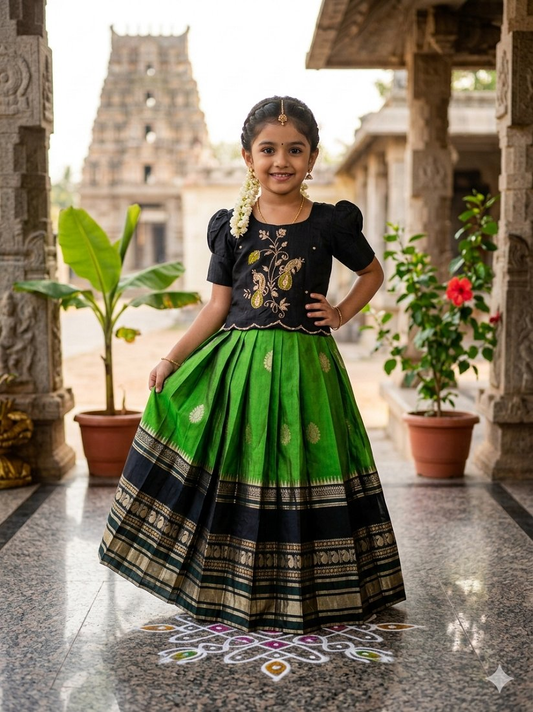 Evanik Black Kids Silk Zari Weaving Work Lehenga Choli