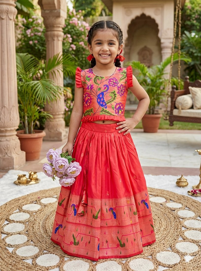 Evanik Designer Red Soft Silk Paithani Design Lehenga Choli For Girls-Party & Ethnic Wear