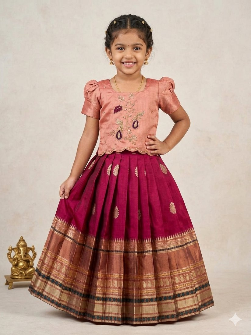 Evanik Peach Kids Silk Zari Weaving Work Lehenga Choli