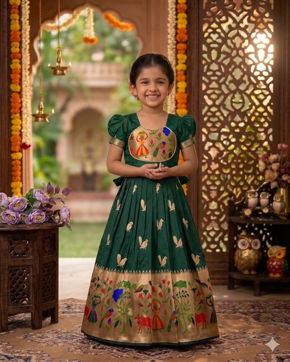 Evanik Green Soft Paithani Silk Zari Weaving Birds Pattern Kids Gown
