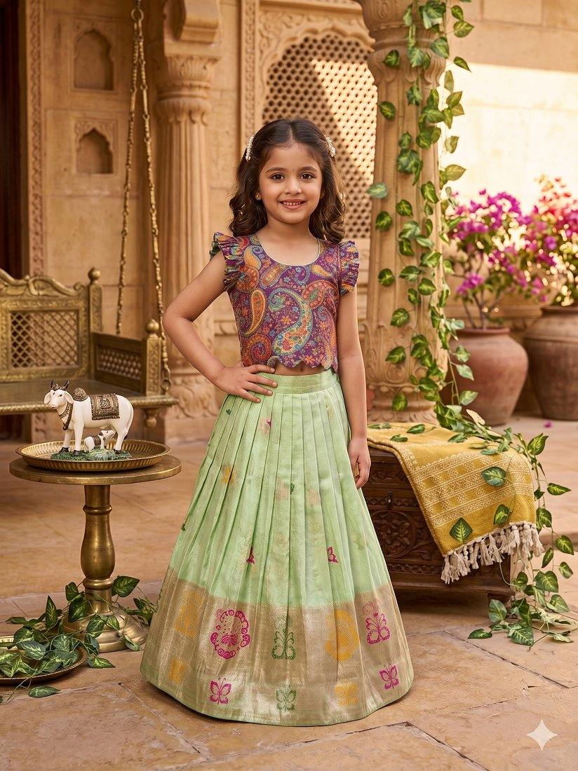 Evanik Girls Sea Green Soft tissue Butterfly Print Lehenga Choli with 3D Weaving Work