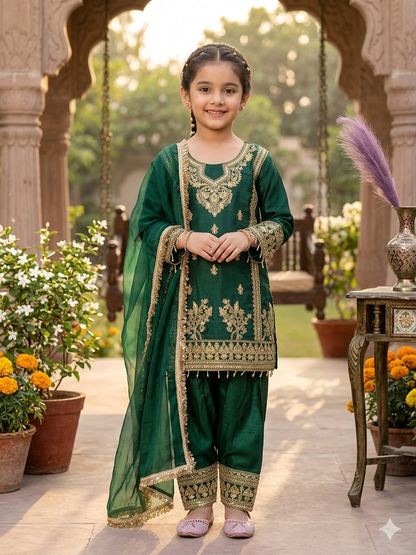 Evanik Green Designer Party Wear Heavy Silk Kids Top Pant & Dupatta Set