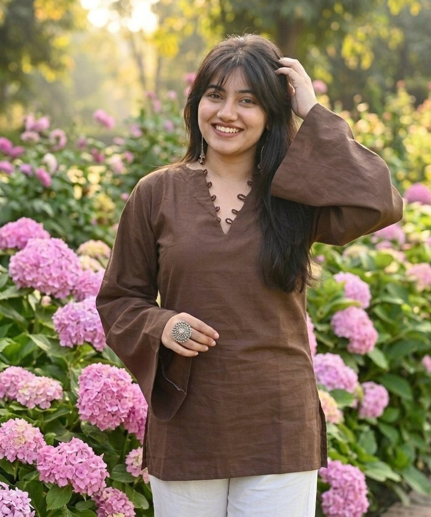 Jaitra Apparels Pure Cotton Solid Brown Kurti with Back Dori