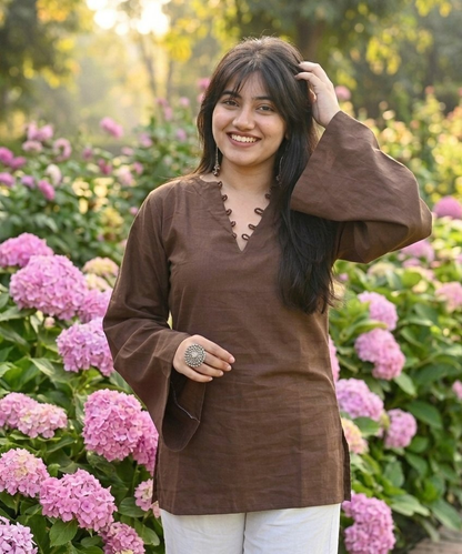 Jaitra Apparels Pure Cotton Solid Brown Kurti with Back Dori