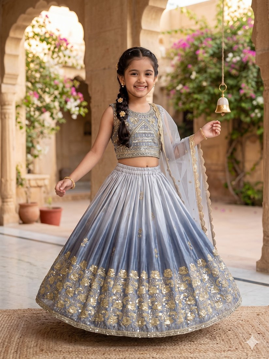 Evanik Grey Designer Sequence Embroidered Work Wedding Kids Lehenga Choli