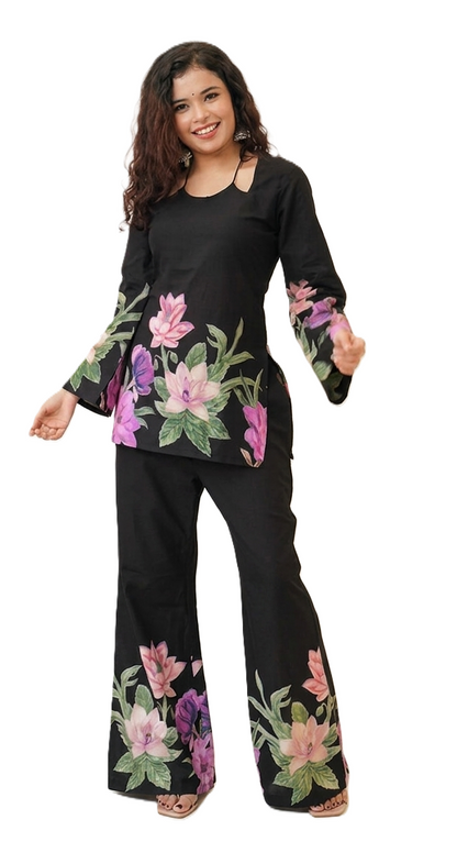 Jaitra Apparels Black Pichwai Print Pure Cotton Cord set with Back Dori and Halter Neck Dori