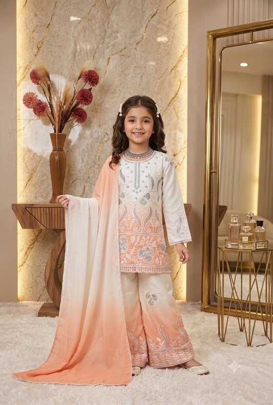 Evanik Peach Designer Party Wear Heavy Natural Crepe Kids Top Palazzo & Dupatta Set
