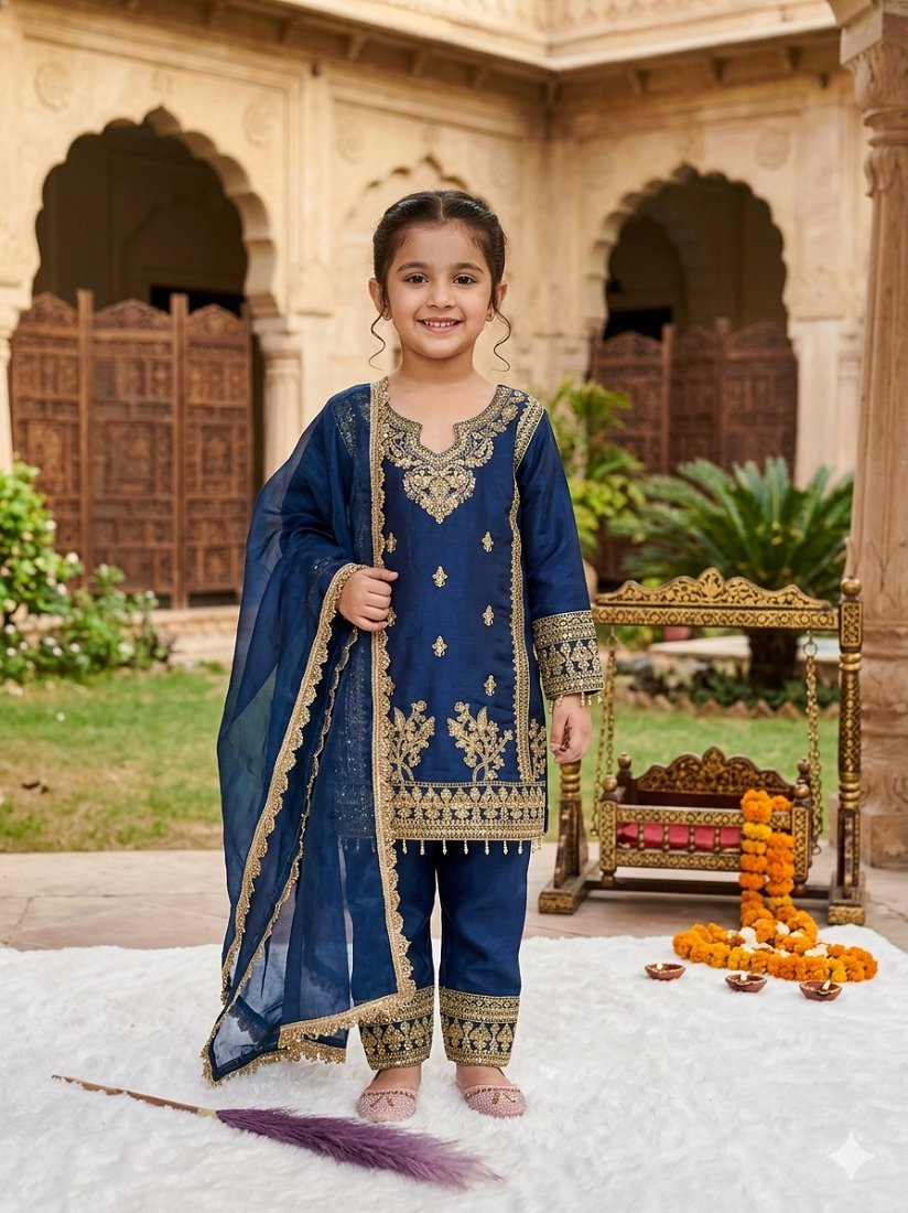 Evanik Blue Designer Party Wear Heavy Silk Kids Top Pant & Dupatta Set