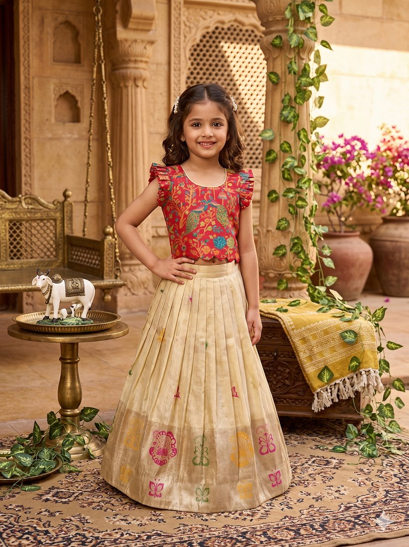 Evanik Girls Cream Soft tissue Butterfly Print Lehenga Choli with 3D Weaving Work
