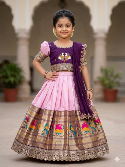 Evanik Purple Kids Paithani Simmer Silk Zari Weaving Pavadai Lehenga Choli Set
