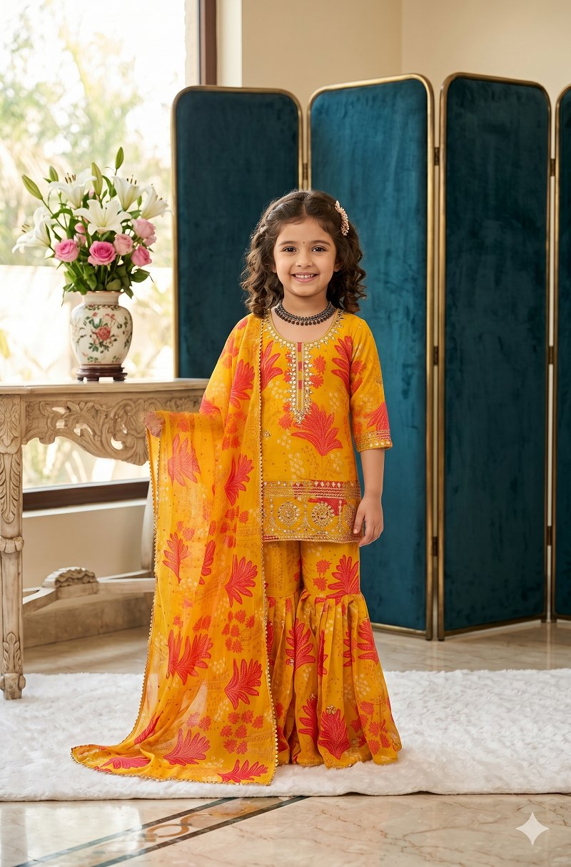 Evanik Yellow Faux Georgette Digital Print With Embroidered Work Kids Sharara Set