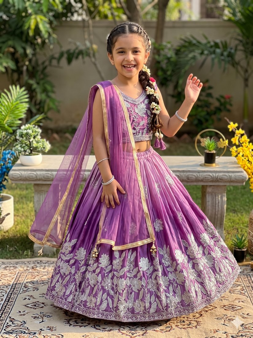 Evanik Purple Designer Sequence Embroidered Work Wedding Kids Lehenga Choli