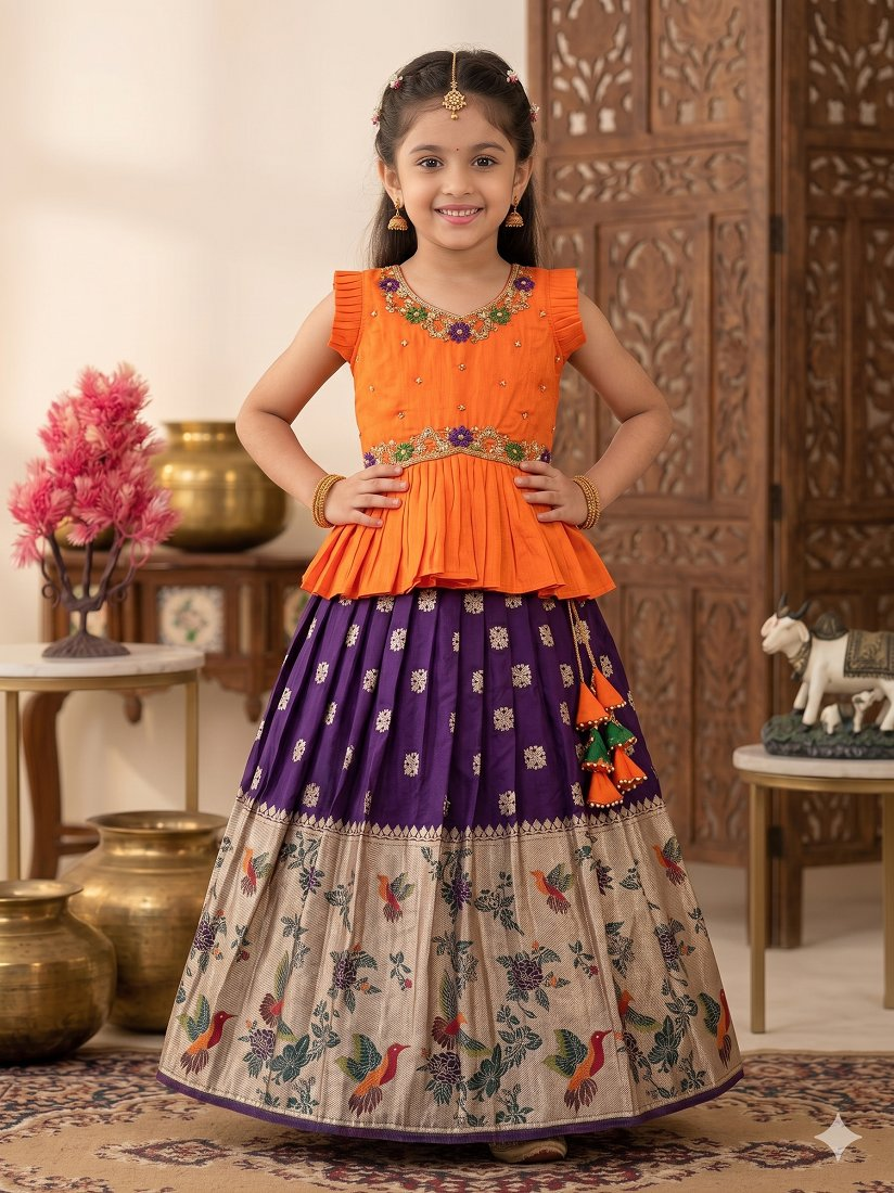 Evanik Orange Soft Khadi Georgette With Beutifull Handwork Kids Lehenga Choli