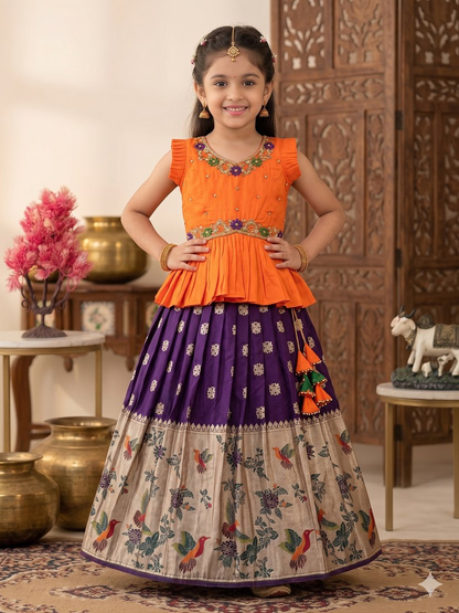 Evanik Orange Soft Khadi Georgette With Beutifull Handwork Kids Lehenga Choli