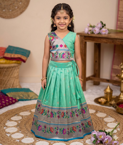 Evanik Turquoise Kids Paithani Silk Lotus Pattern Lehenga Choli