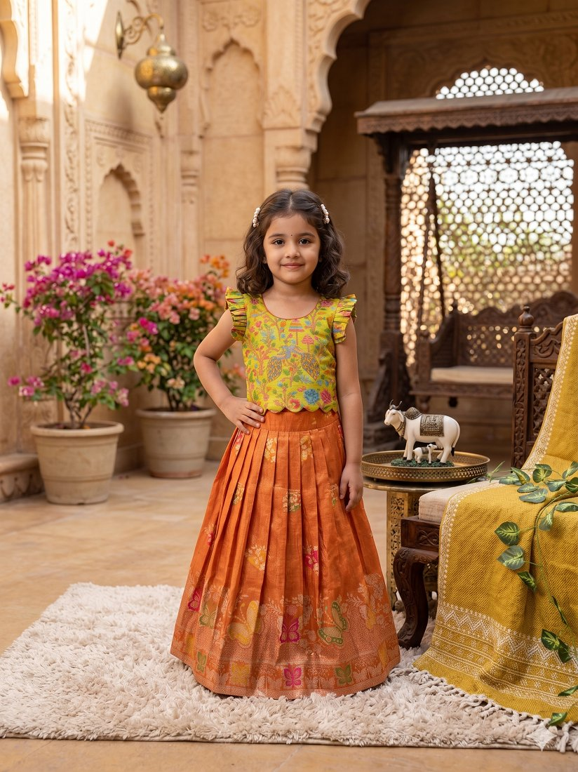 Evanik Girls Orange Soft tissue Butterfly Print Lehenga Choli with 3D Weaving Work