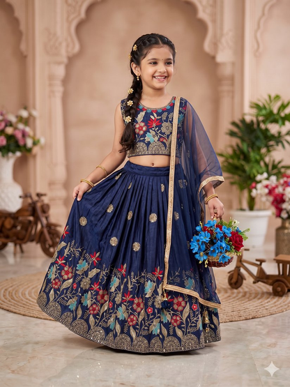 Evanik Blue Designer Sequence Embroidered Work Wedding Kids Lehenga Choli