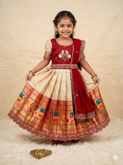 Evanik Red Kids Paithani Simmer Silk Zari Weaving Pavadai Lehenga Choli Set