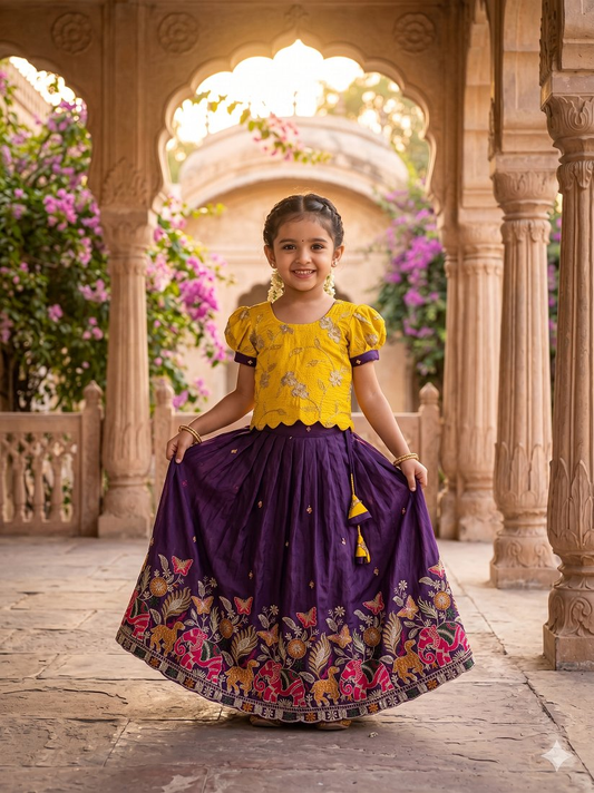 Evanik Yellow Space Silk Elephant Mission Embroidered Work Kids Lehenga Choli Set