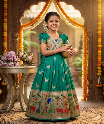 Evanik Rama Green Soft Paithani Silk Zari Weaving Birds Pattern Kids Gown
