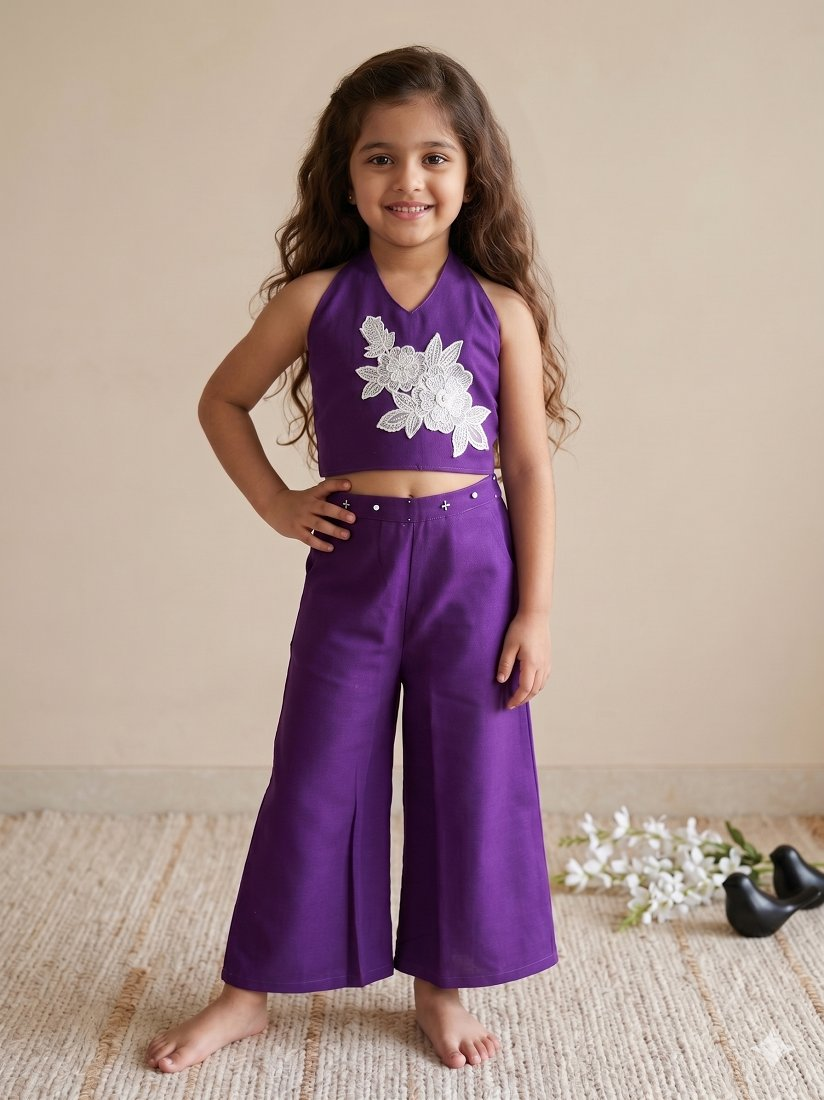 Evanik Purple Pure Khadi Cotton With Patch Work Kids Summer Co-Ord Set