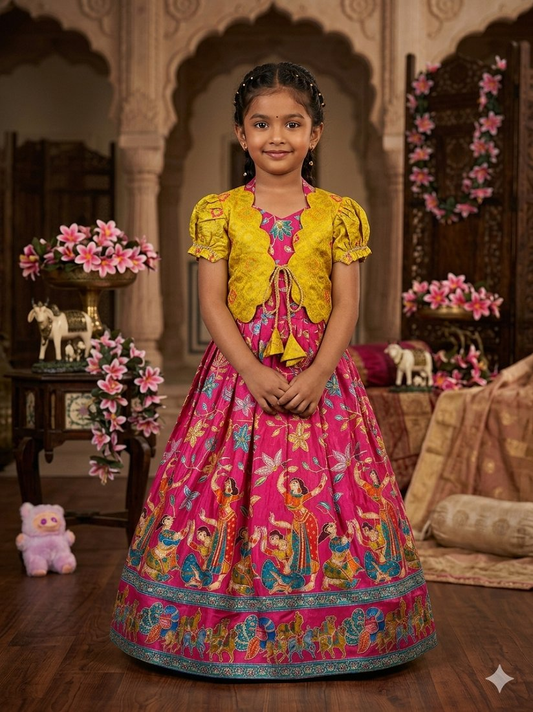 Evanik Pink Designer Viscose Natural Crepe Position With Kalamkari Work Gown Koti for Kids