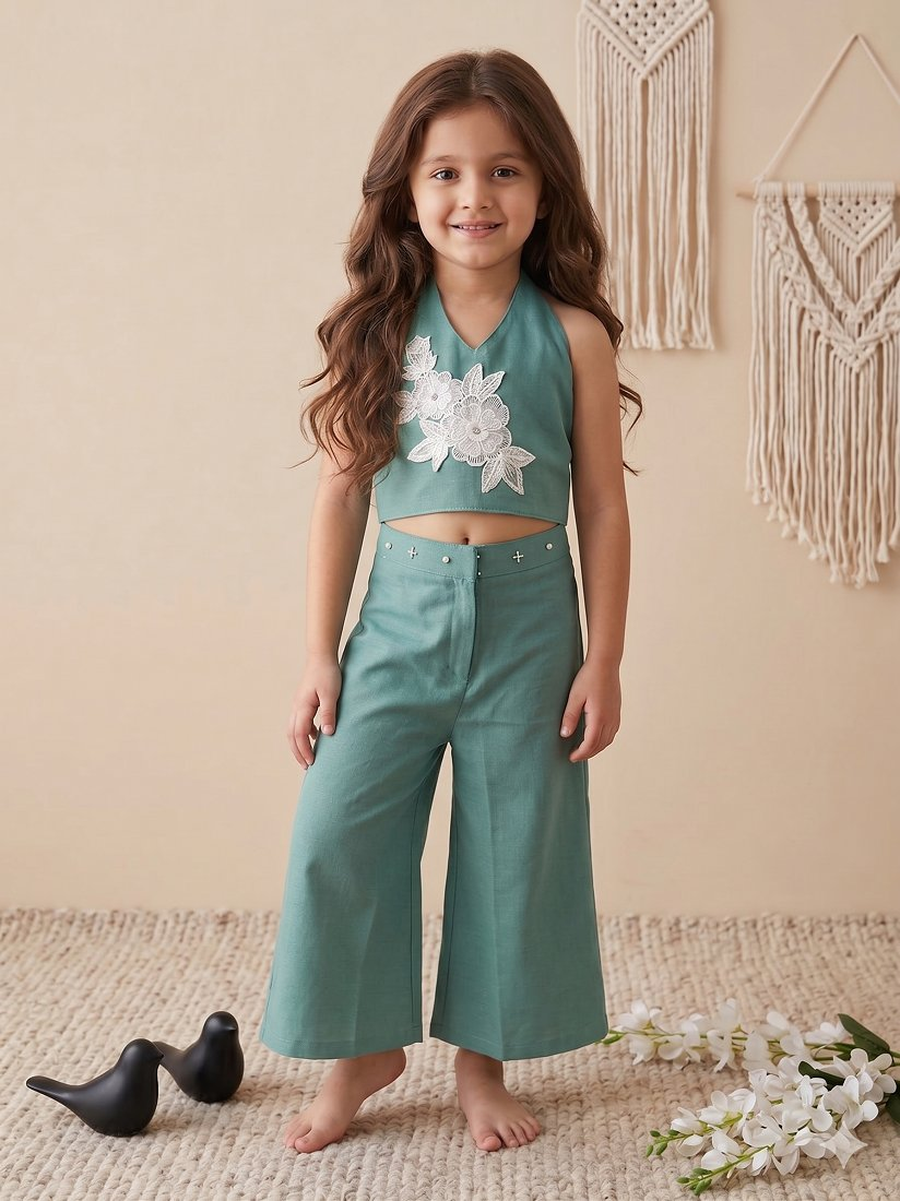 Evanik Green Pure Khadi Cotton With Patch Work Kids Summer Co-Ord Set