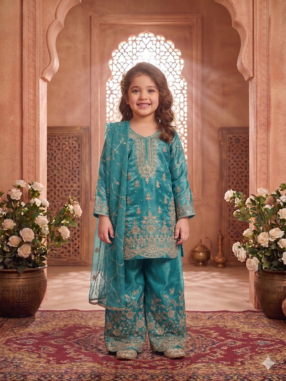 Evanik Turquoise Designer Wedding Embroidered Work Kids Palazzo Set