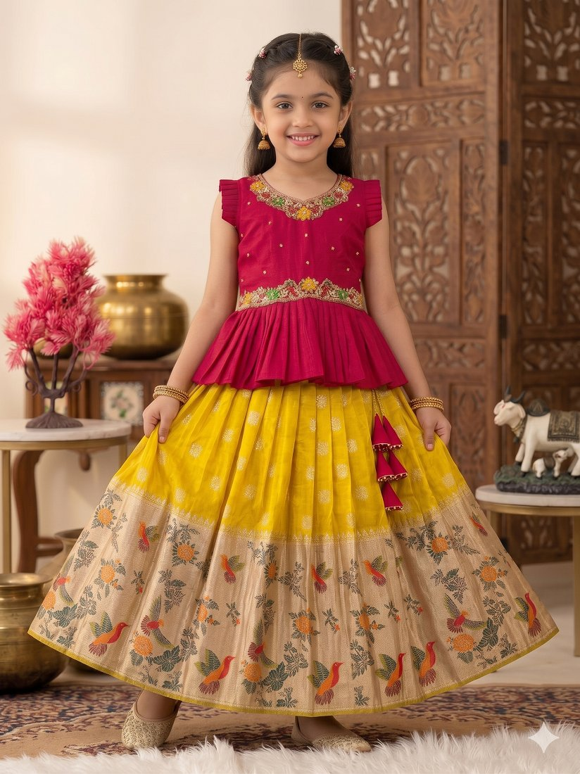 Evanik Red Soft Khadi Georgette With Beutifull Handwork Kids Lehenga Choli