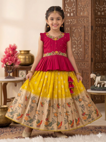 Evanik Red Soft Khadi Georgette With Beutifull Handwork Kids Lehenga Choli