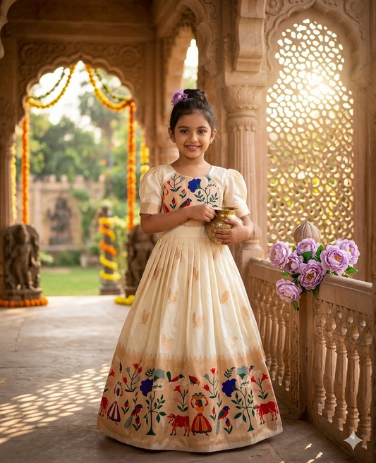 Evanik White Soft Paithani Silk Zari Weaving Birds Pattern Kids Gown
