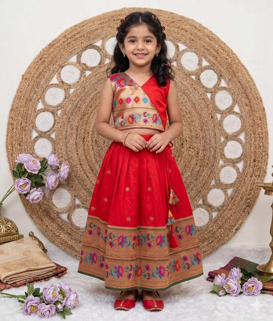 Evanik Red Kids Paithani Silk Lotus Pattern Lehenga Choli