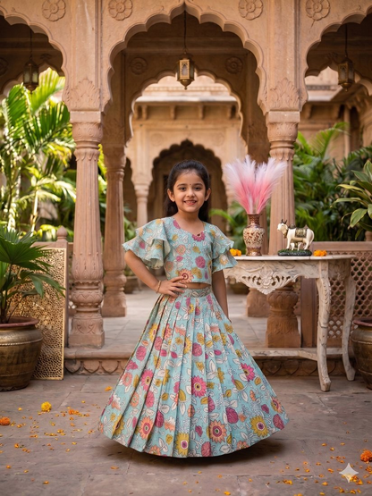 Evanik Blue Kota Chex Fabric With Floral Printed Kids Lehenga Choli