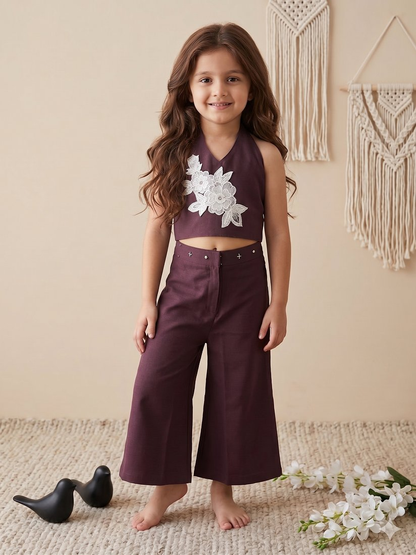Evanik Brown Pure Khadi Cotton With Patch Work Kids Summer Co-Ord Set
