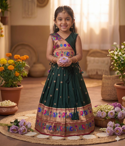 Evanik Green Kids Paithani Silk Lotus Pattern Lehenga Choli
