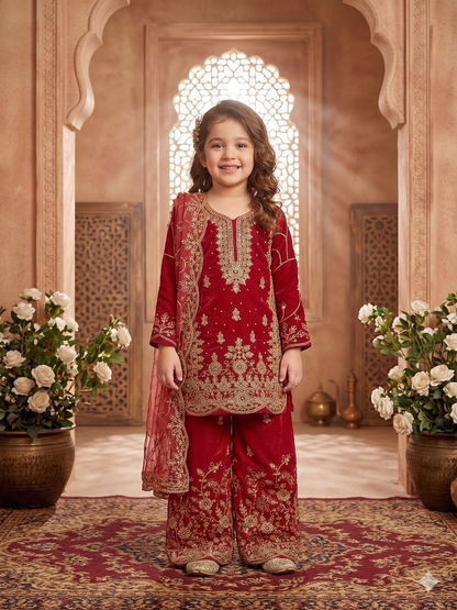 Evanik Pink Designer Wedding Embroidered Work Kids Palazzo Set
