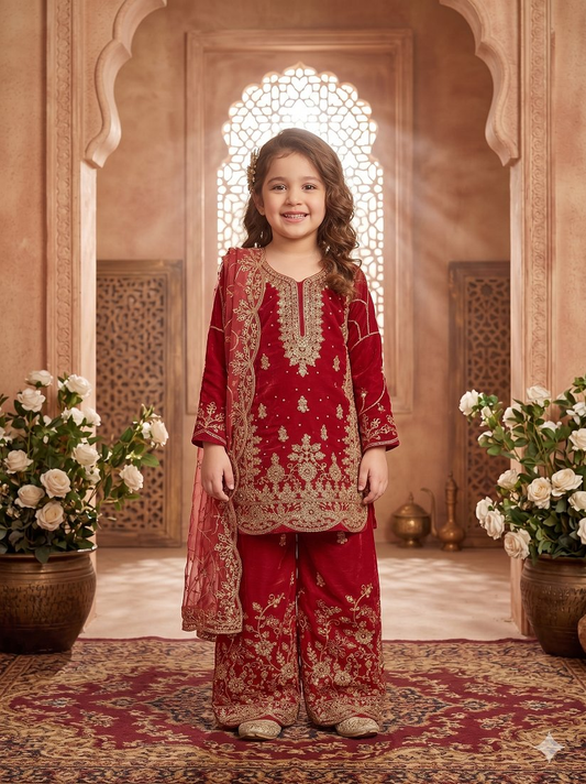 Evanik Pink Designer Wedding Embroidered Work Kids Palazzo Set