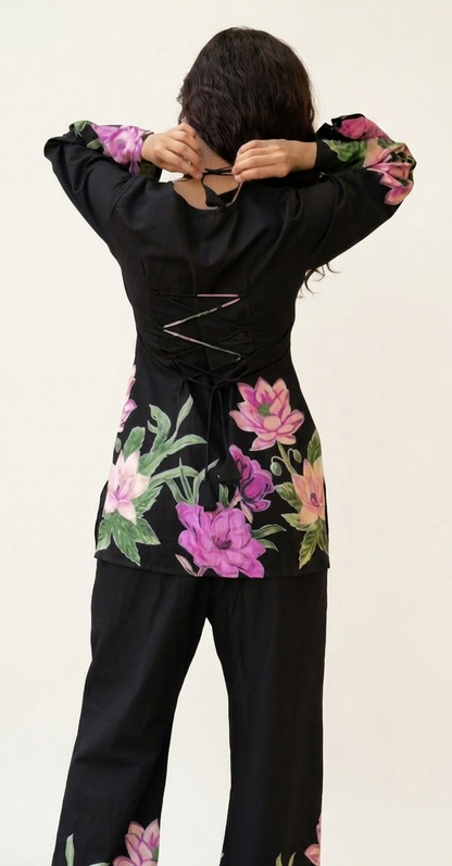 Jaitra Apparels Black Pichwai Print Pure Cotton Cord set with Back Dori and Halter Neck Dori